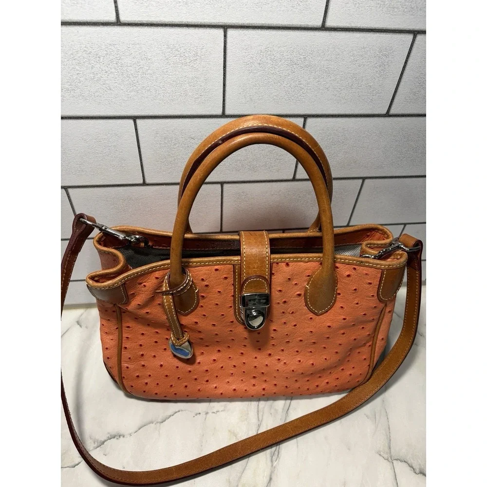 Dooney & Bourke OT977 Ostrich Medium Pocket Satchel Tangerine Orange Leather